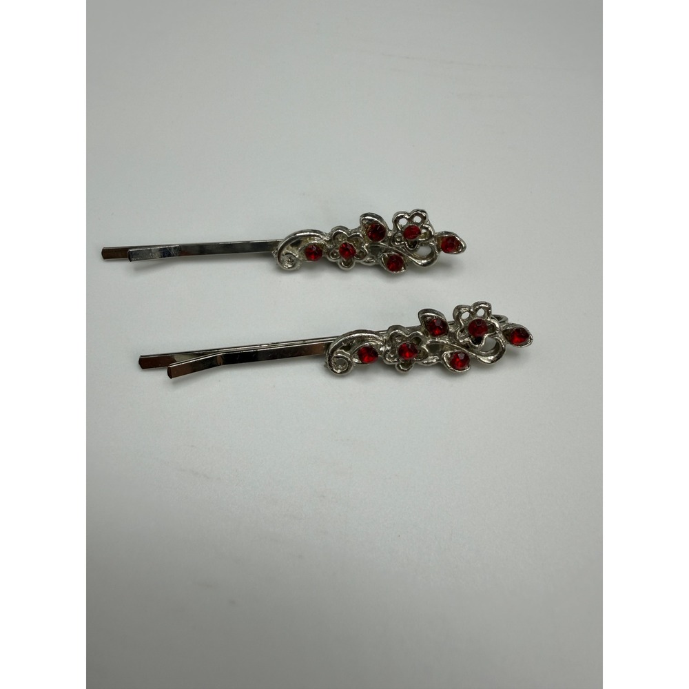 Vintage Style Silver Red Rhinestone Floral Scroll Bobby Pin Hair Clip Set 2pc